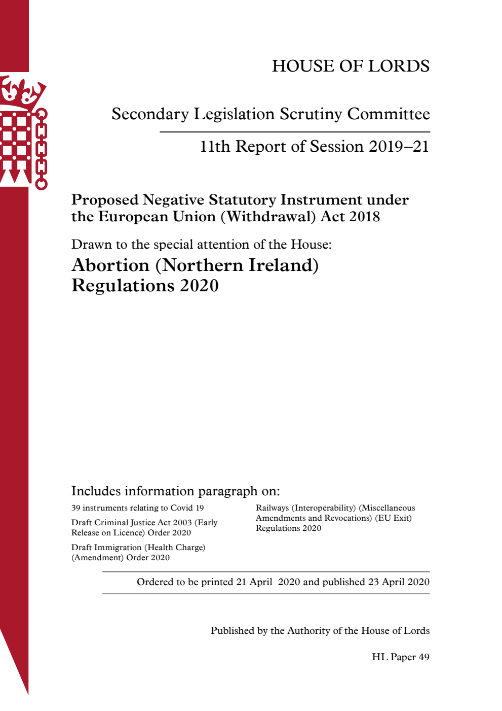 Secondary Legislation Scrutiny Committee 11th Report of Session 2019–21