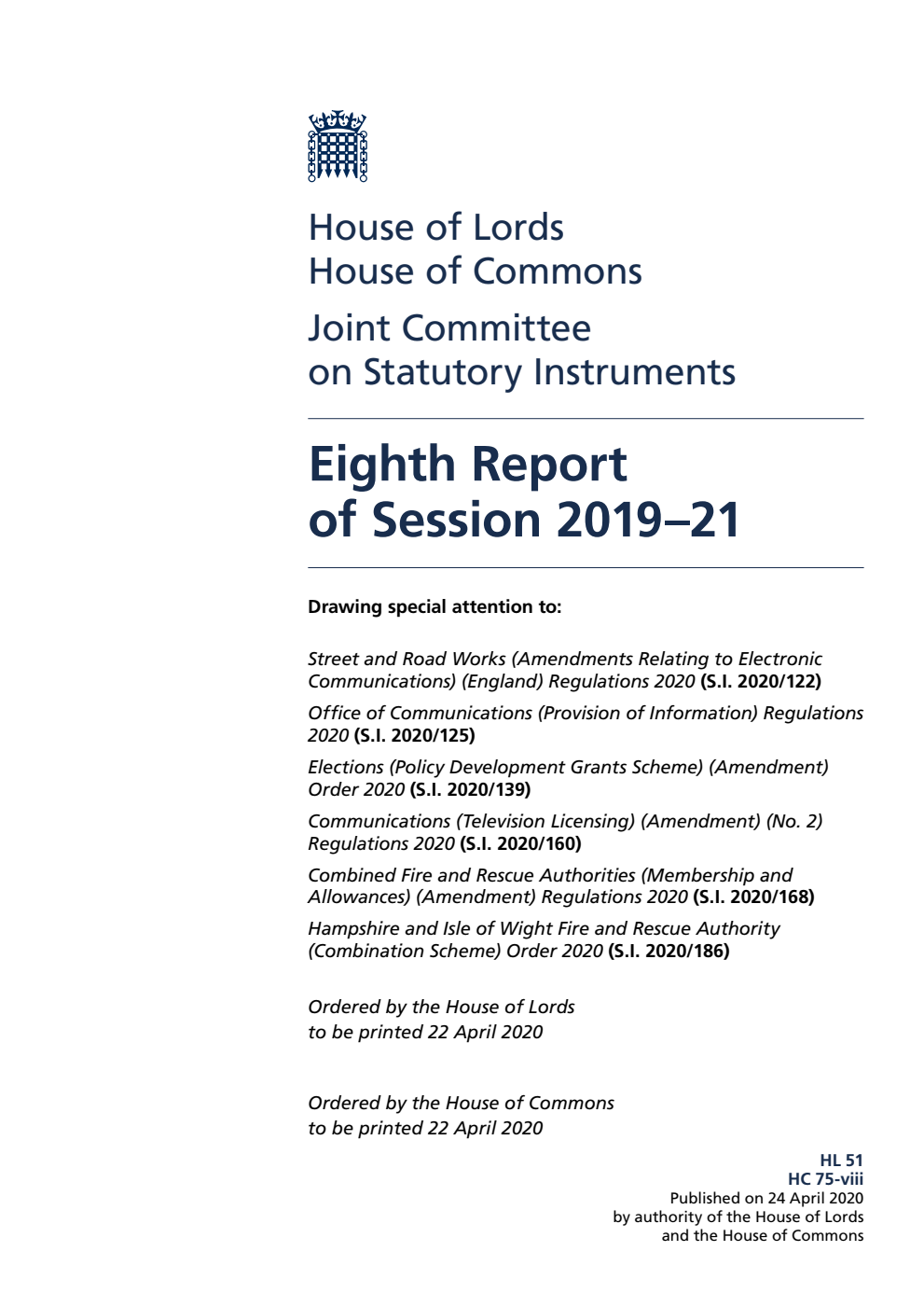 Joint Committee on Statutory Instruments 8th Report of Session 2019-21