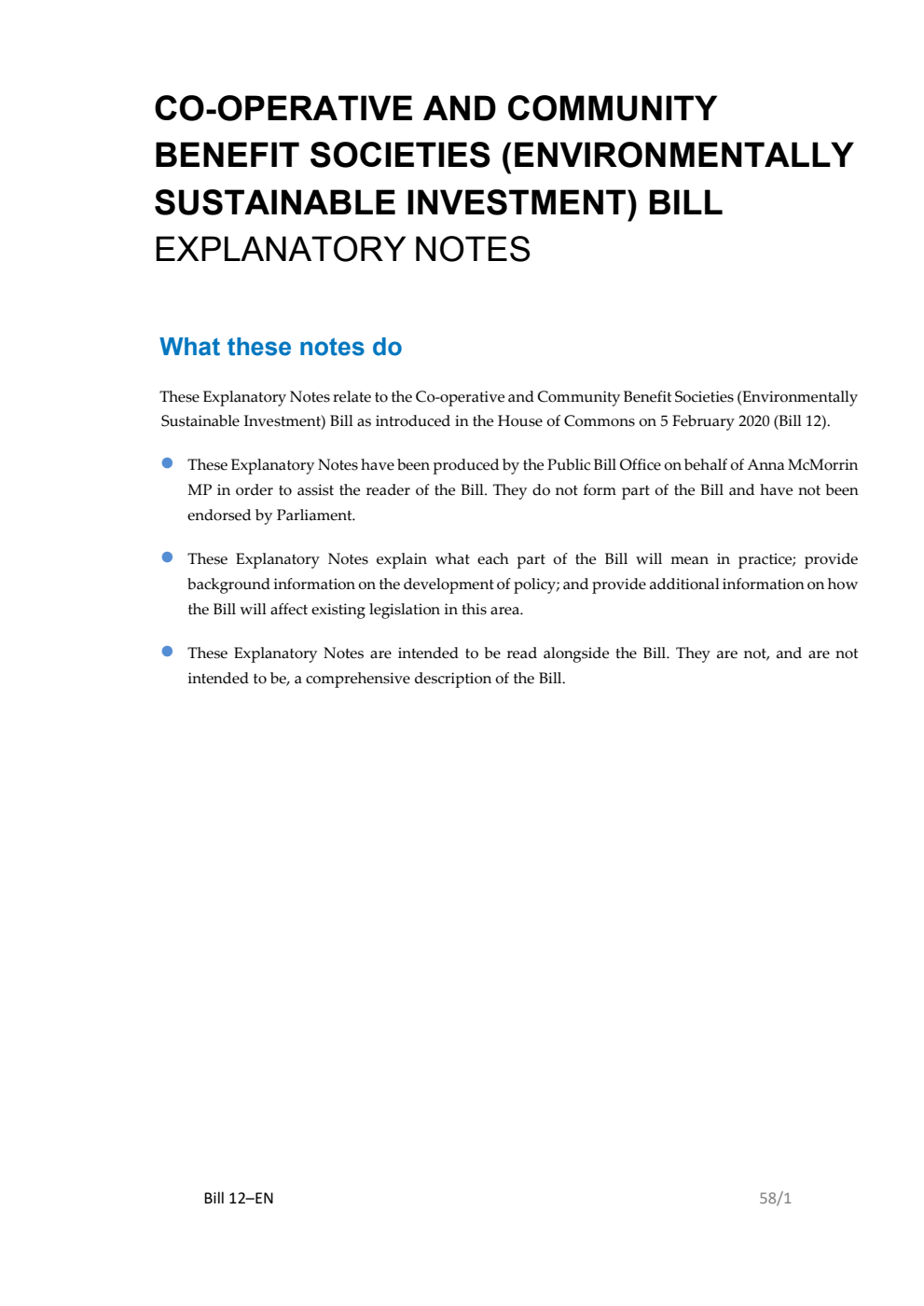 Co-operative and Community Benefit Societies (Environmentally Sustainable Investment) Bill Explanatory Notes