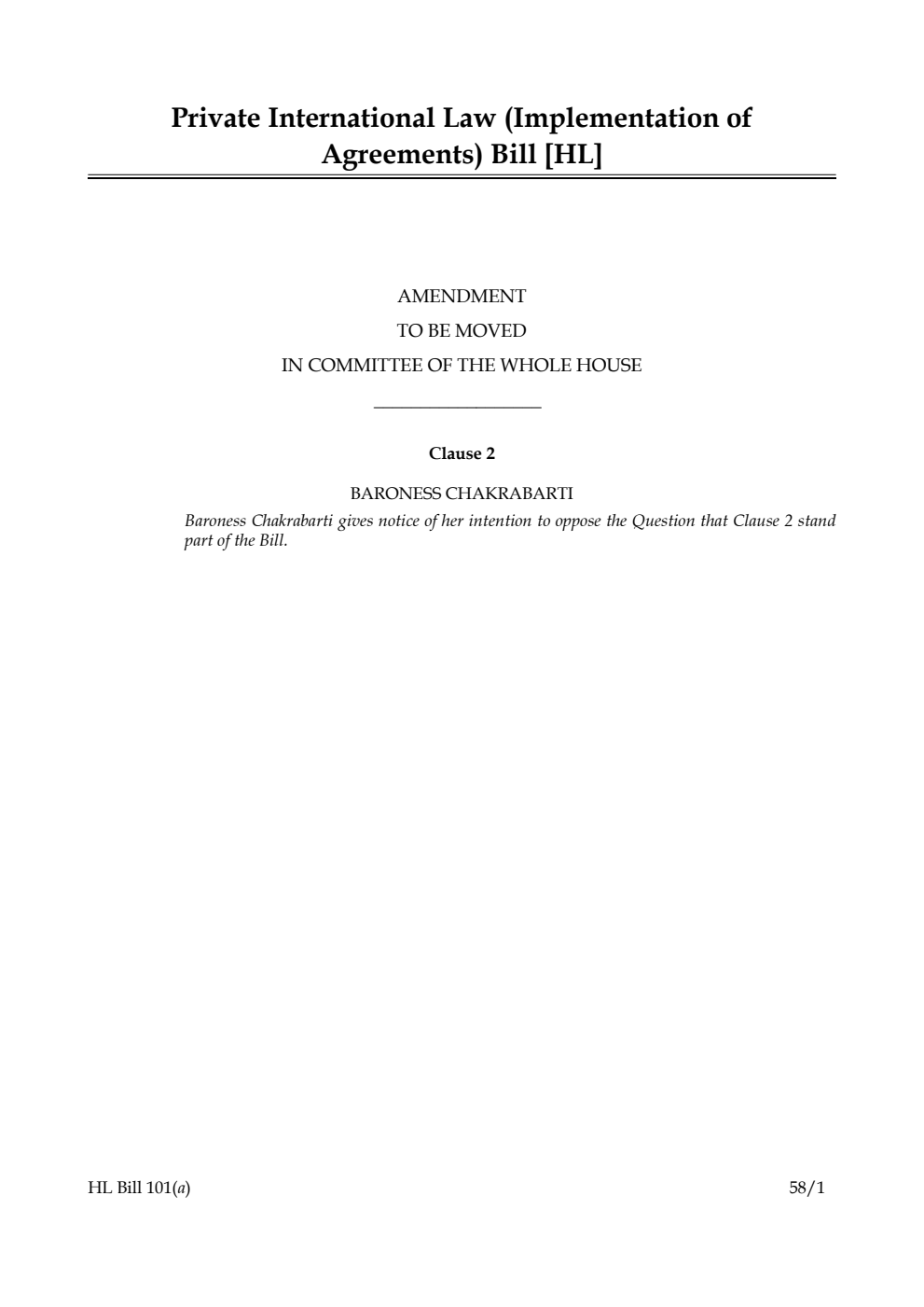 Private International Law (Implementation of Agreements) Bill Amendment to be moved in Committee of the Whole House