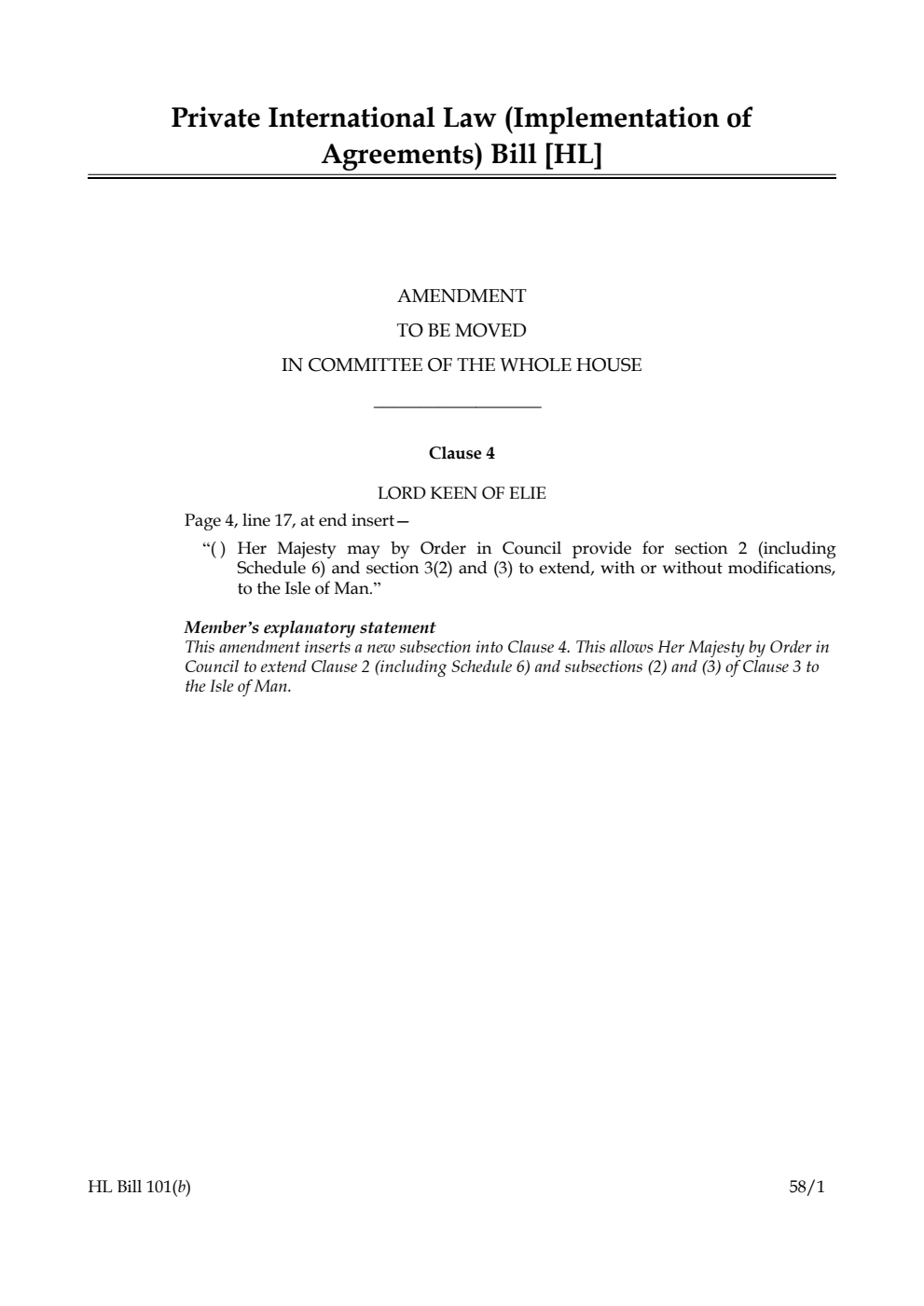 Private International Law (Implementation of Agreements) Bill Amendment to be moved in Committee of the Whole House