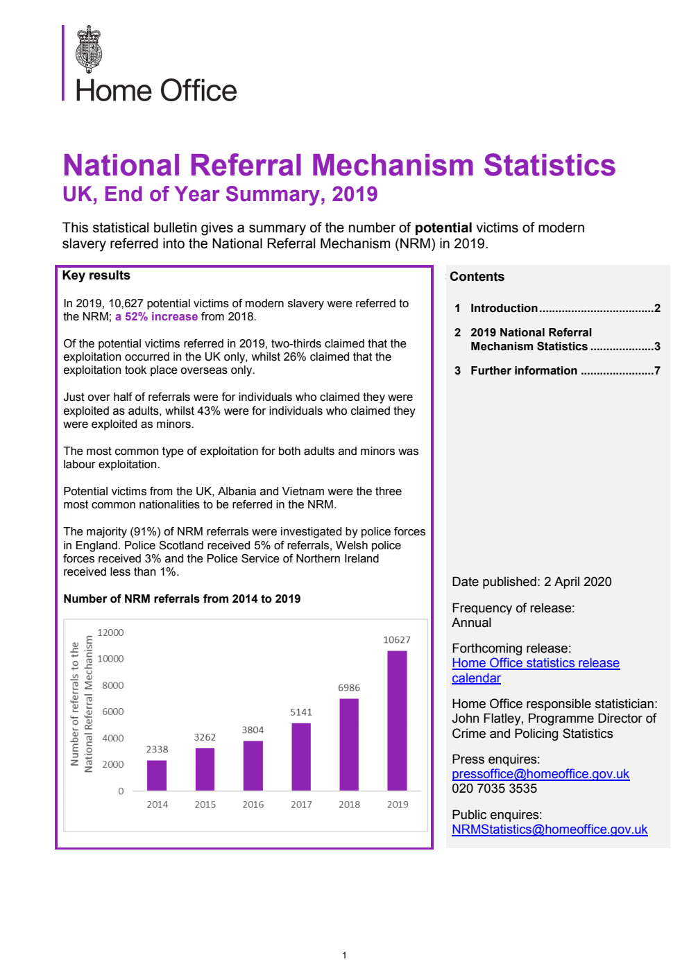 Home Office Statistical Bulletin 08/20 National Referral Mechanism Statistics UK, end of year Summary, 2019