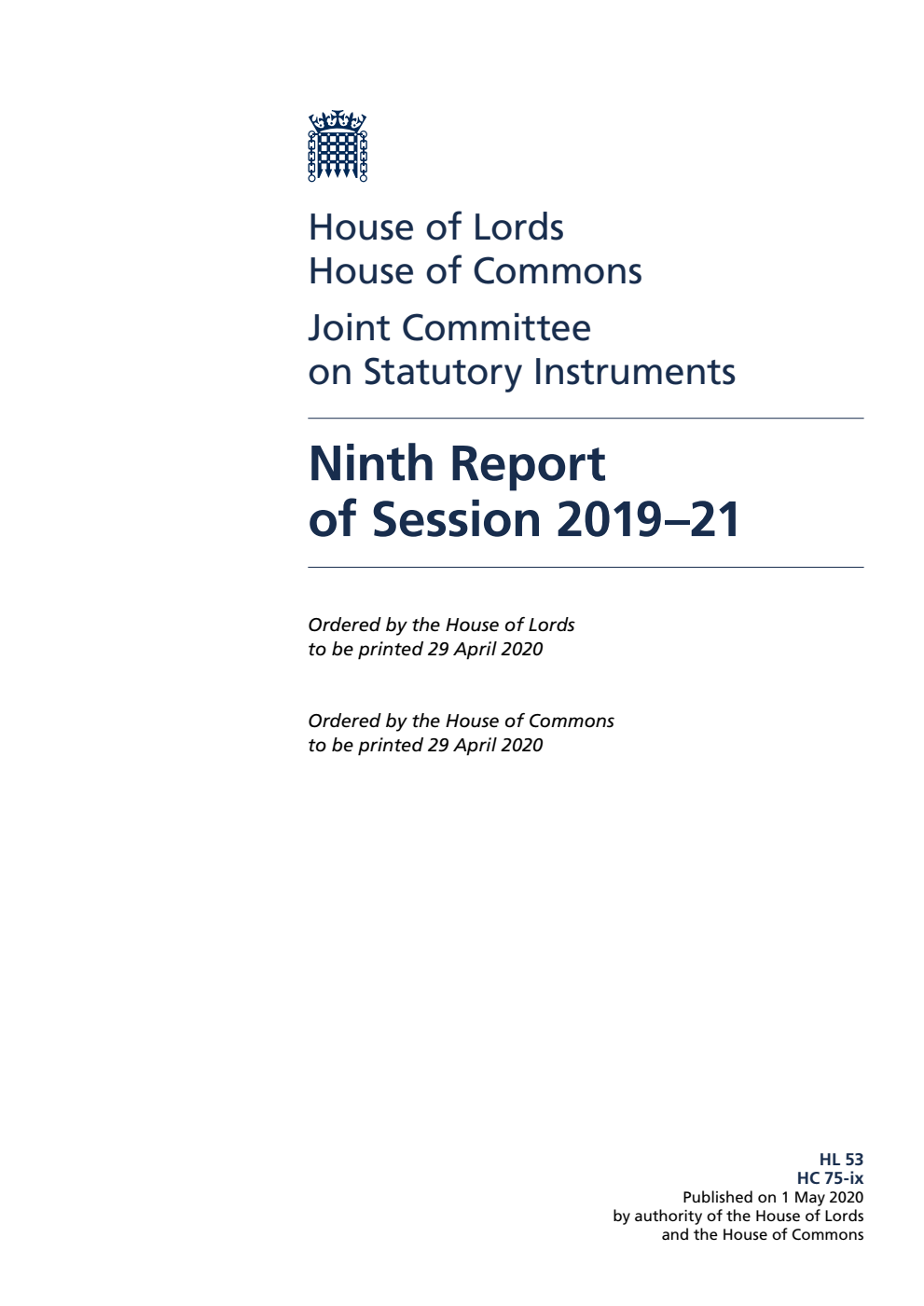 Joint Committee on Statutory Instruments 9th Report of Session 2019-21
