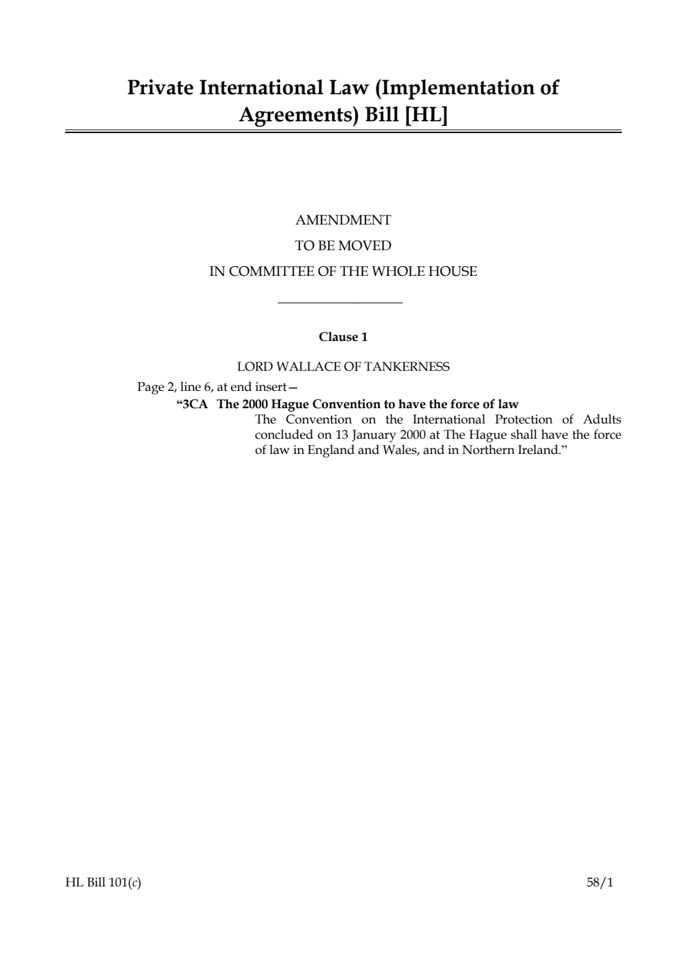Private International Law (Implementation of Agreements) Bill Amendment to be moved in Committee of the Whole House
