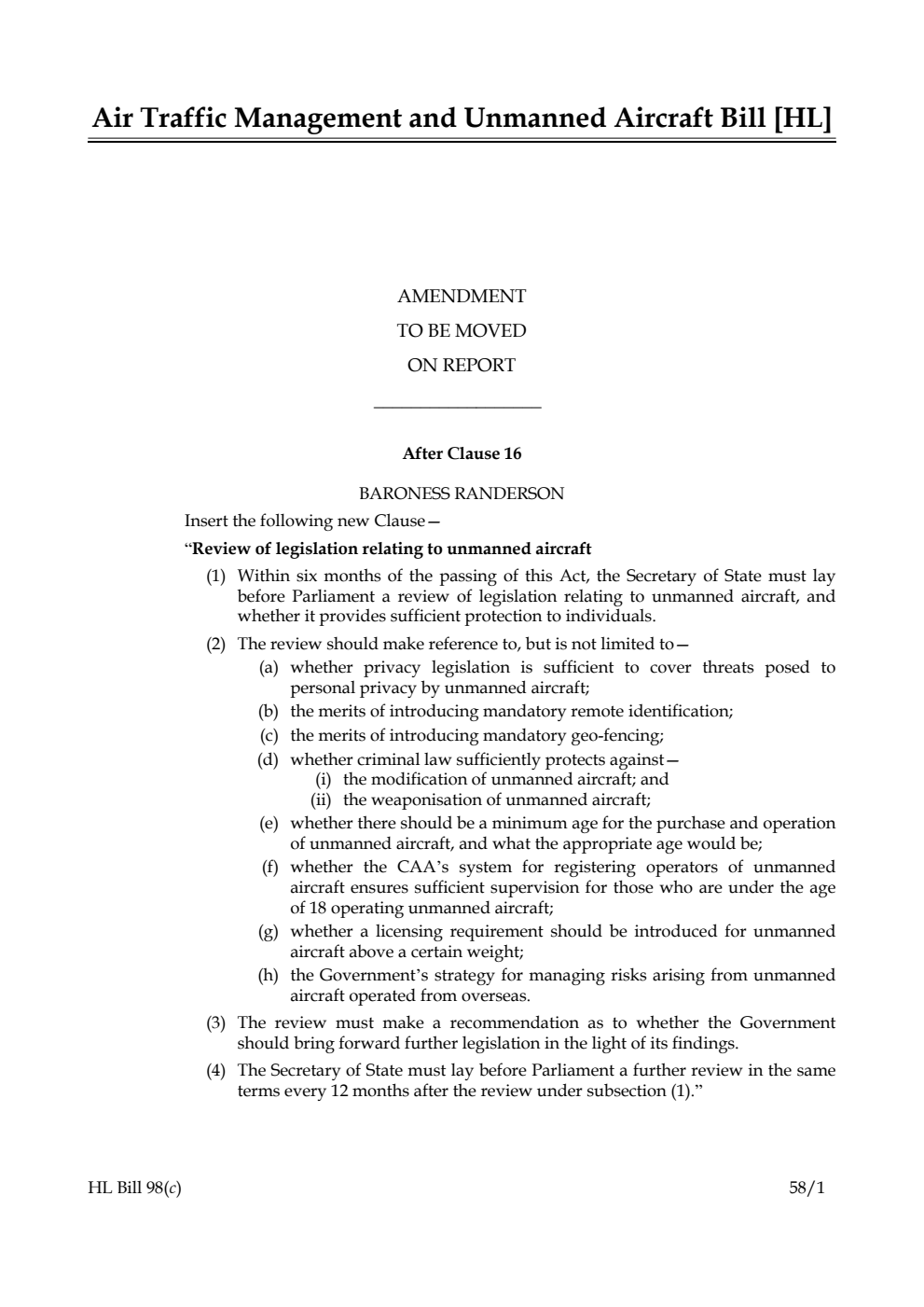 Air Traffic Management and Unmanned Aircraft Bill Amendment to be moved on Report