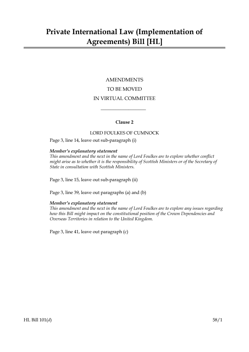 Private International Law (Implementation of Agreements) Bill Amendments to be moved in virtual Committee