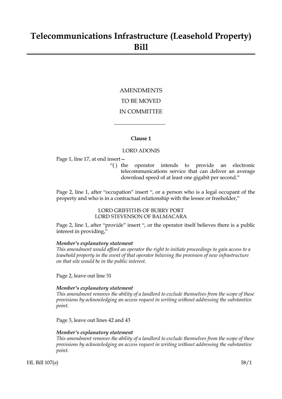 Telecommunications Infrastructure (Leasehold Property) Bill Amendments to be moved in Committee