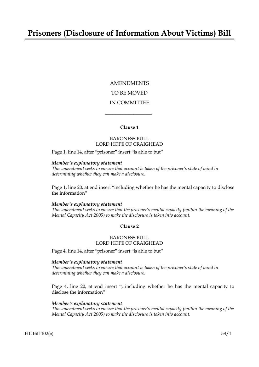 Prisoners (Disclosure of Information About Victims) Bill Amendments to be moved in Committee