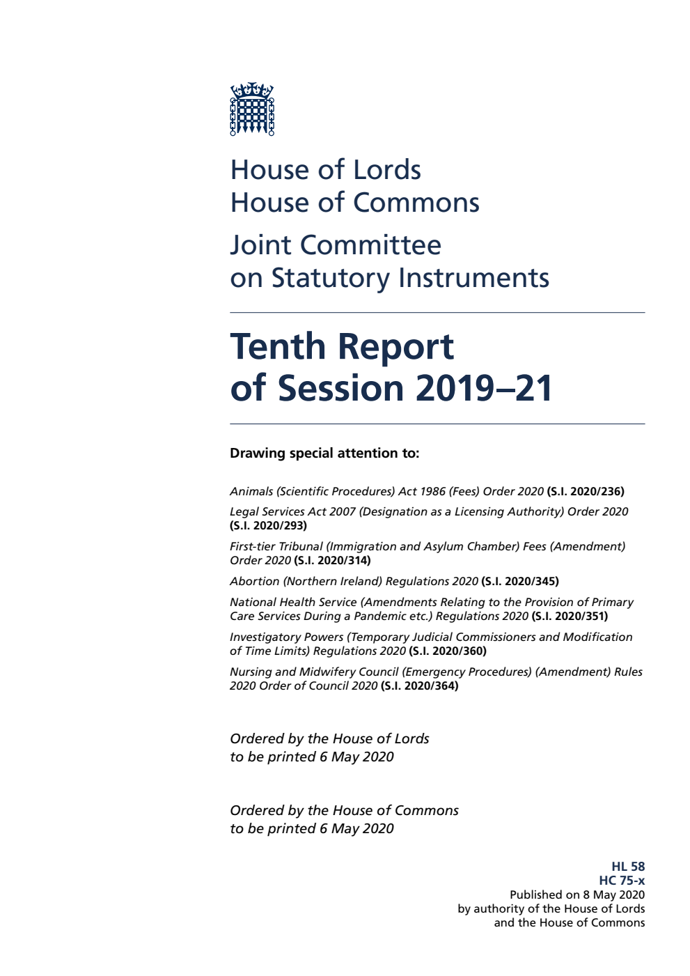 Joint Committee on Statutory Instruments 10th Report of Session 2019-21