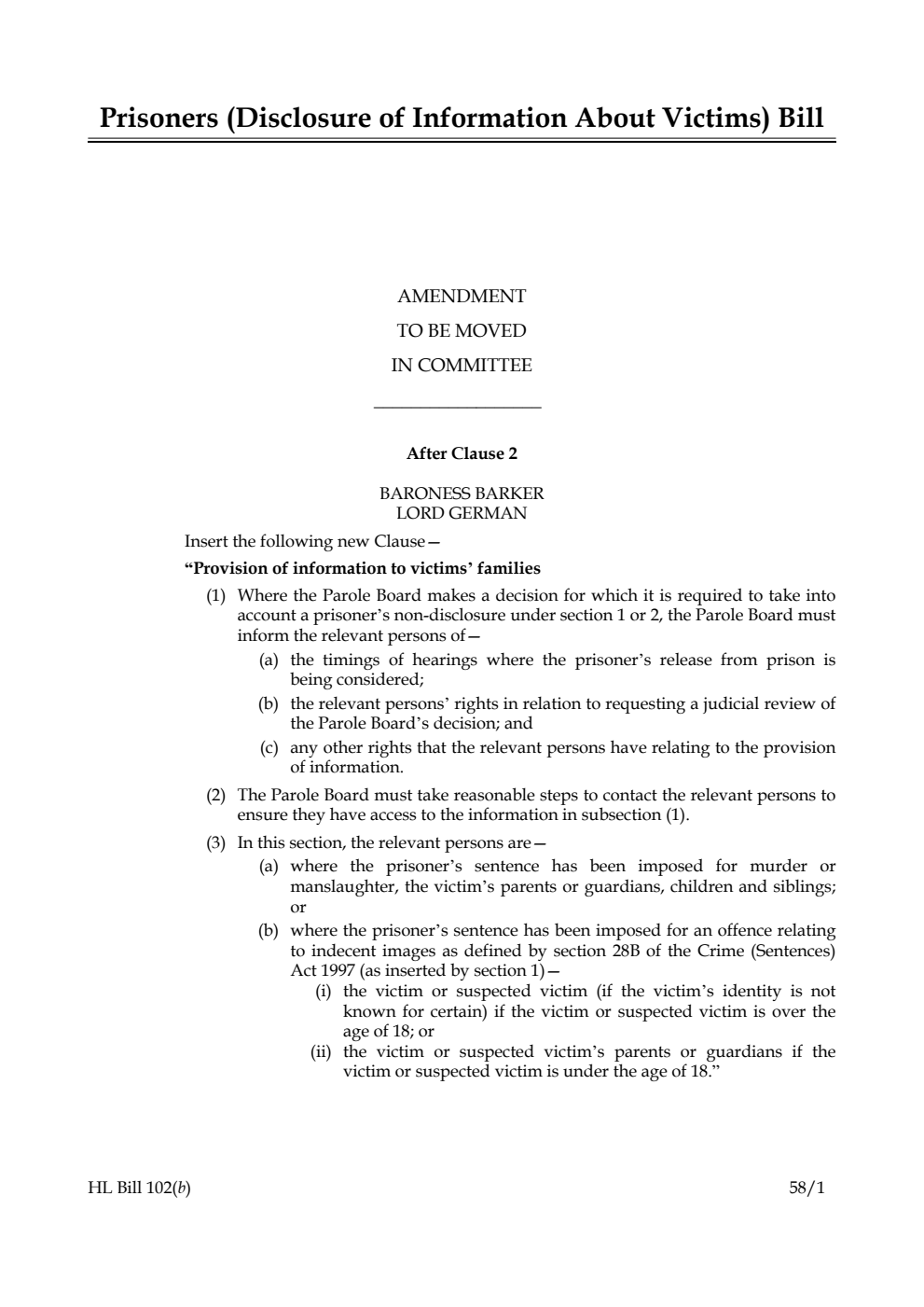 Prisoners (Disclosure of Information About Victims) Bill Amendment to be moved in Committee