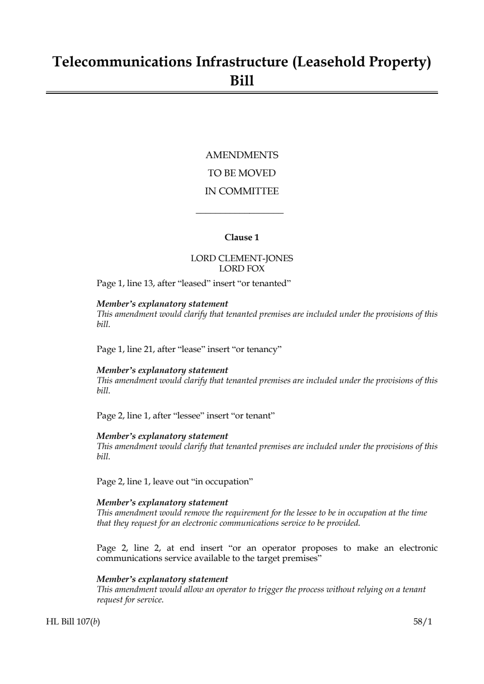 Telecommunications Infrastructure (Leasehold Property) Bill Amendments to be moved in Committee