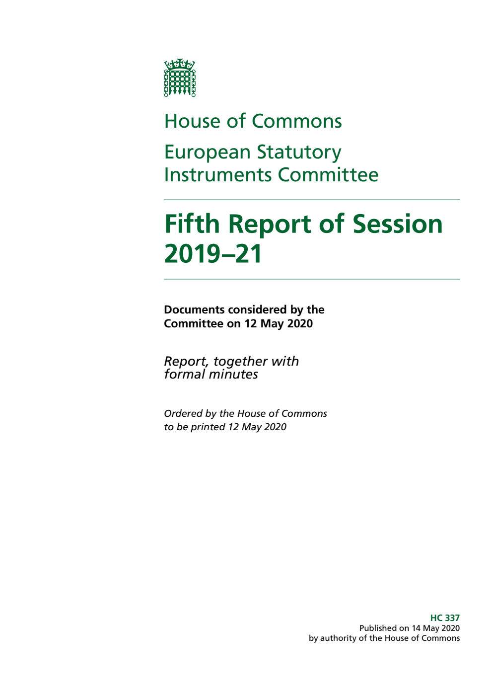 European Statutory Instruments Committee 5th Report of Session 2019-2021