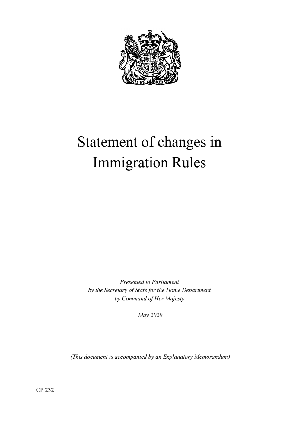 Statement of Changes in Immigration Rules, The changes take effect from 4th June 2020