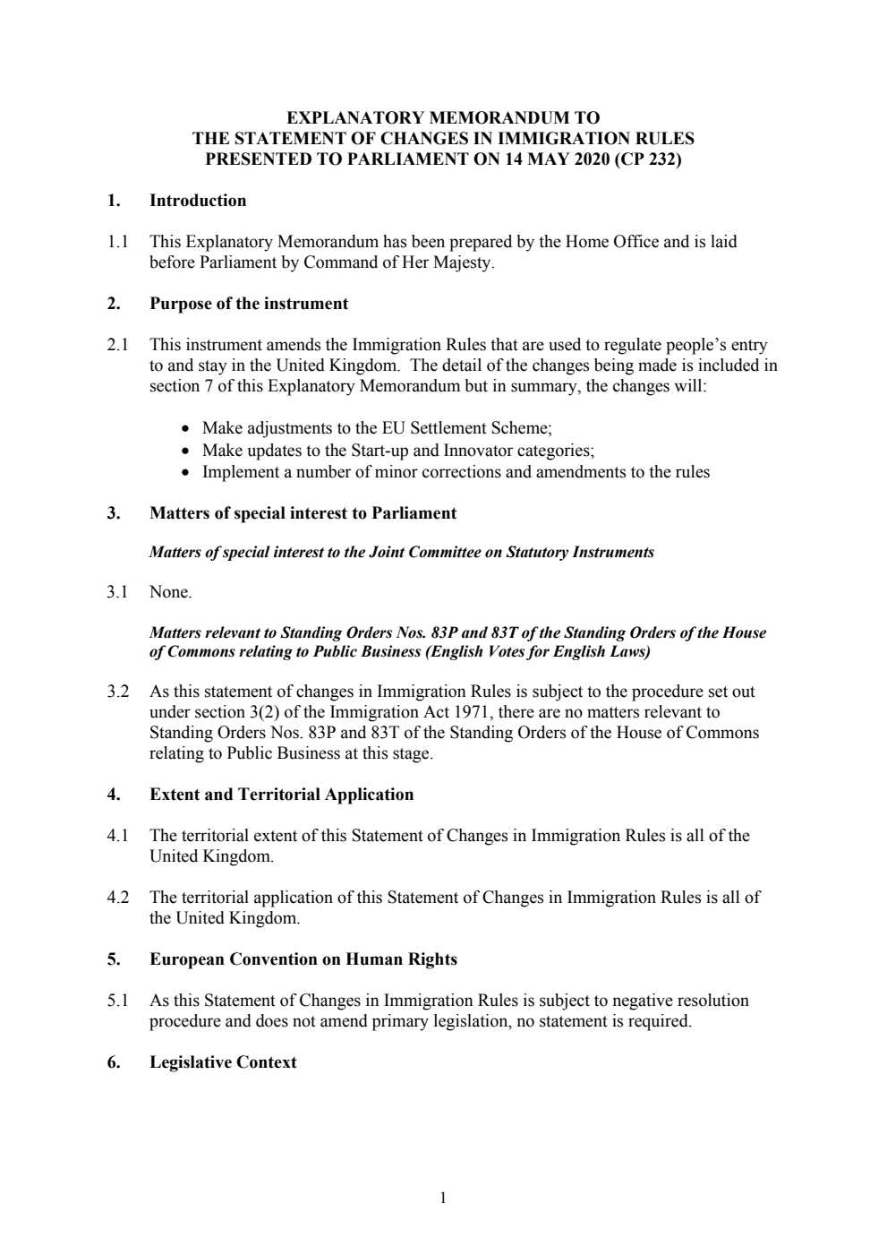 Explanatory Memorandum to the Statement of Changes in Immigration Rules