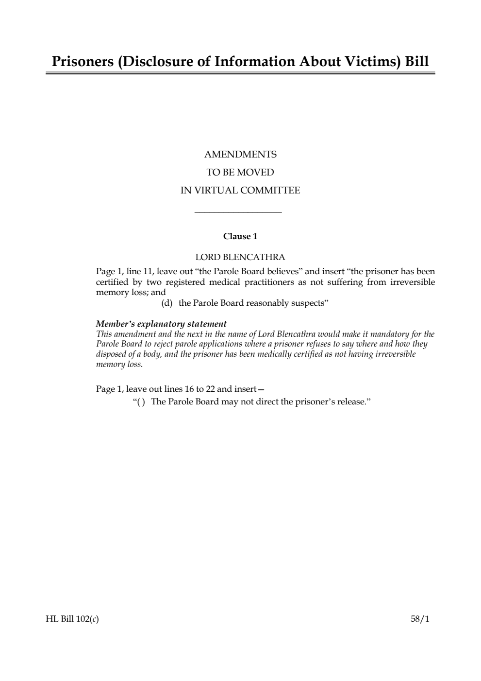 Prisoners (Disclosure of Information About Victims) Bill Amendments to be moved in  virtual Committee