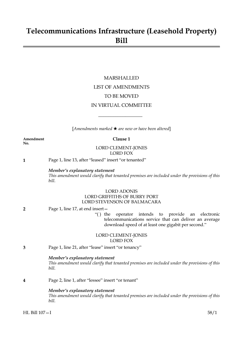 Telecommunications Infrastructure (Leasehold Property) Bill Marshalled List of Amendments to be moved in virtual Committee