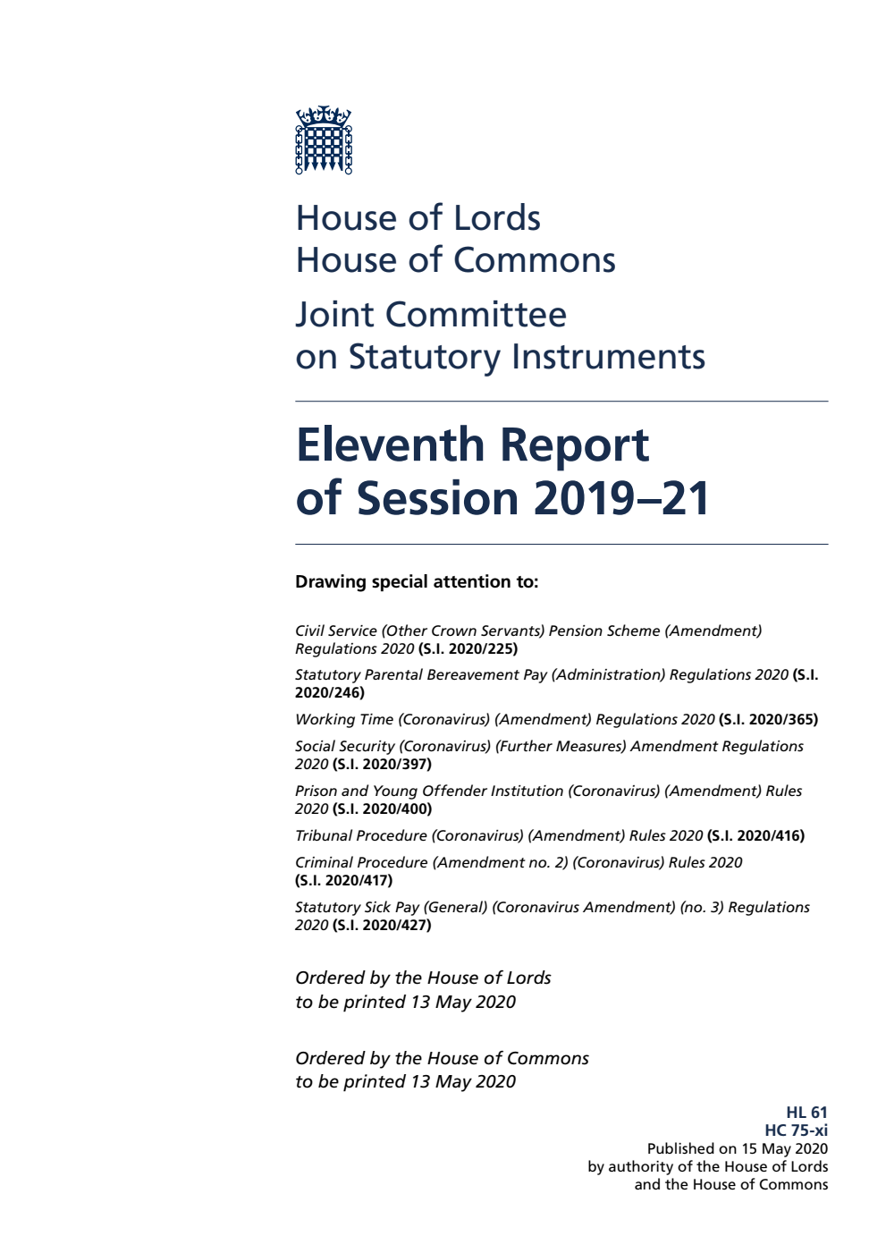 Joint Committee on Statutory Instruments 11th Report of Session 2019-21