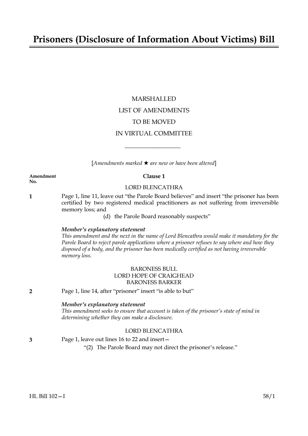 Prisoners (Disclosure of Information About Victims) Bill Marshalled List of Amendments to be moved in virtual Committee