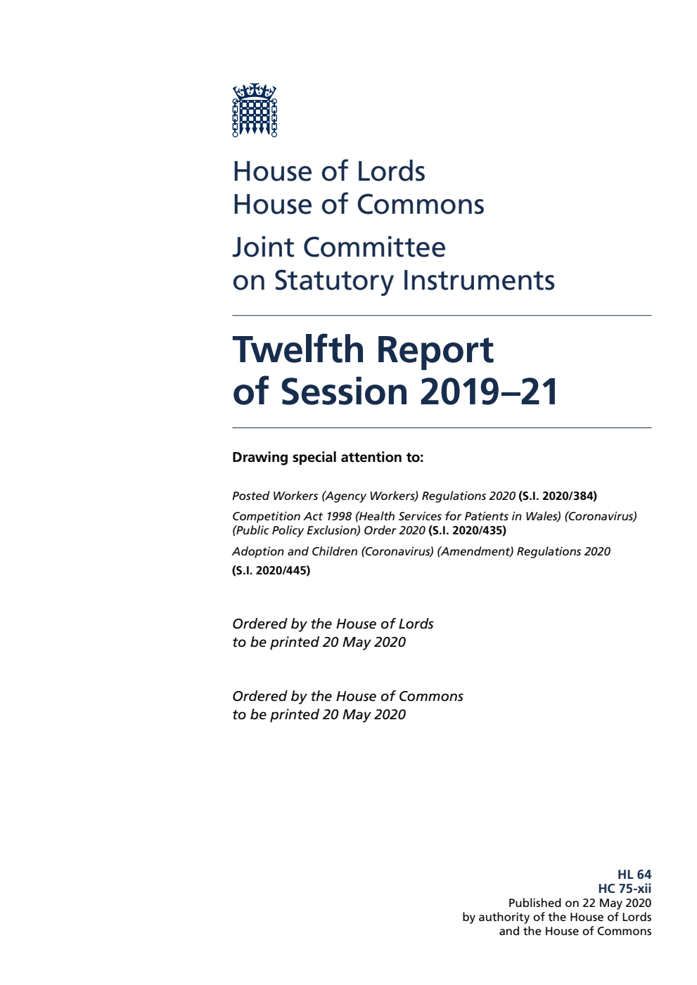 Joint Committee on Statutory Instruments 12th Report of Session 2019-21