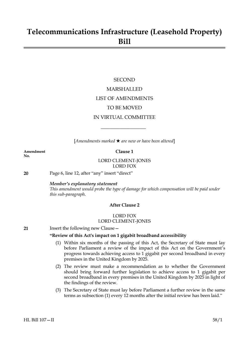 Telecommunications Infrastructure (Leasehold Property) Bill Second Marshalled List of Amendments to be moved in virtual Committee