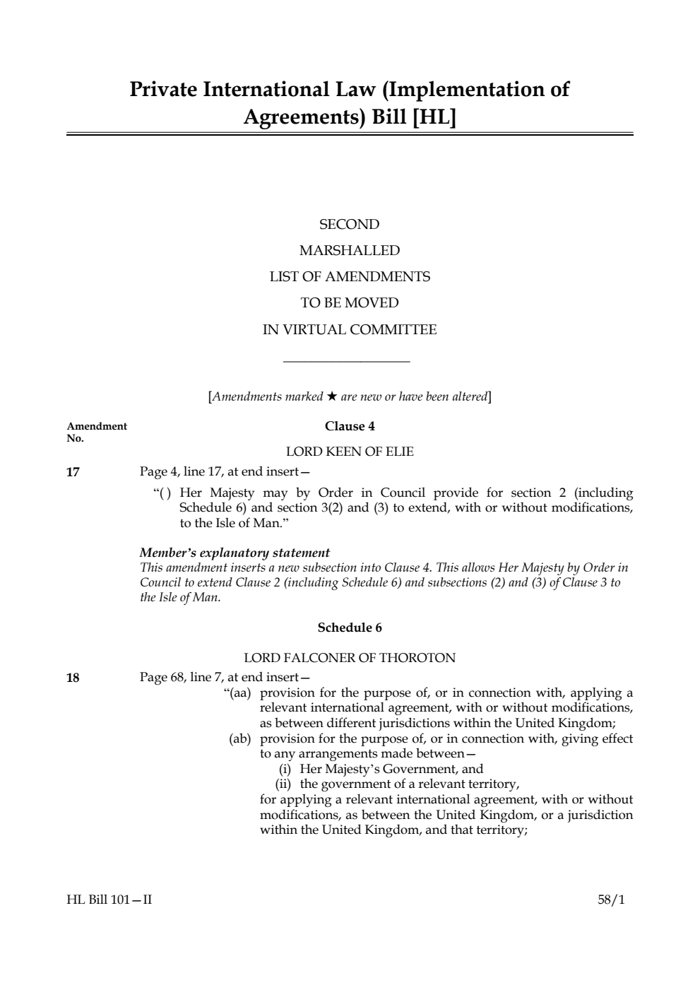 Private International Law (Implementation of Agreements) Bill Second Marshalled List of Amendments to be moved in virtual Committee