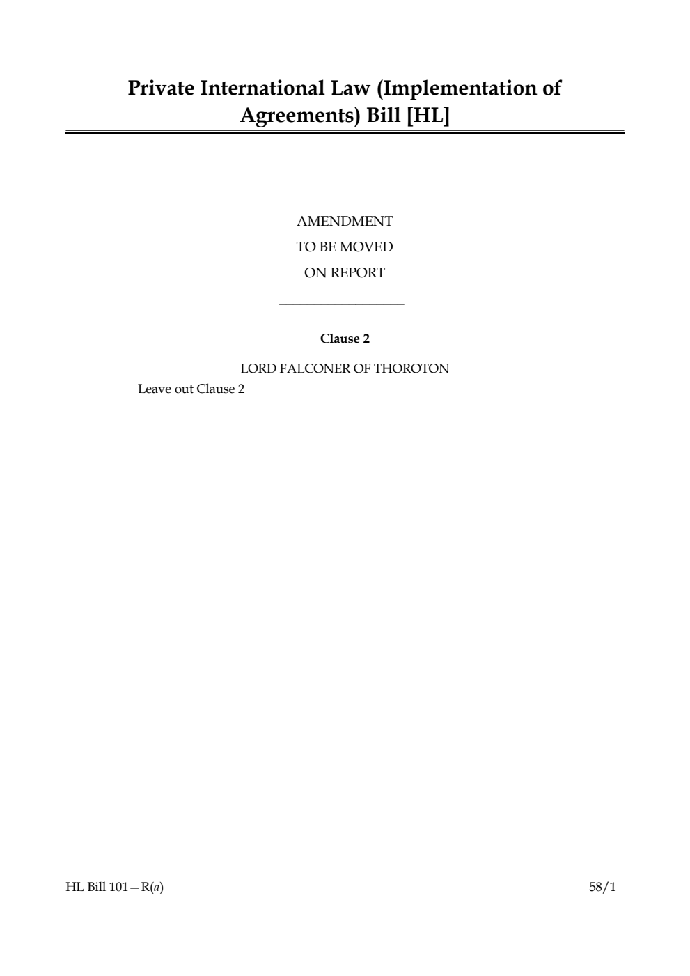 Private International Law (Implementation of Agreements) Bill Amendment to be moved on report
