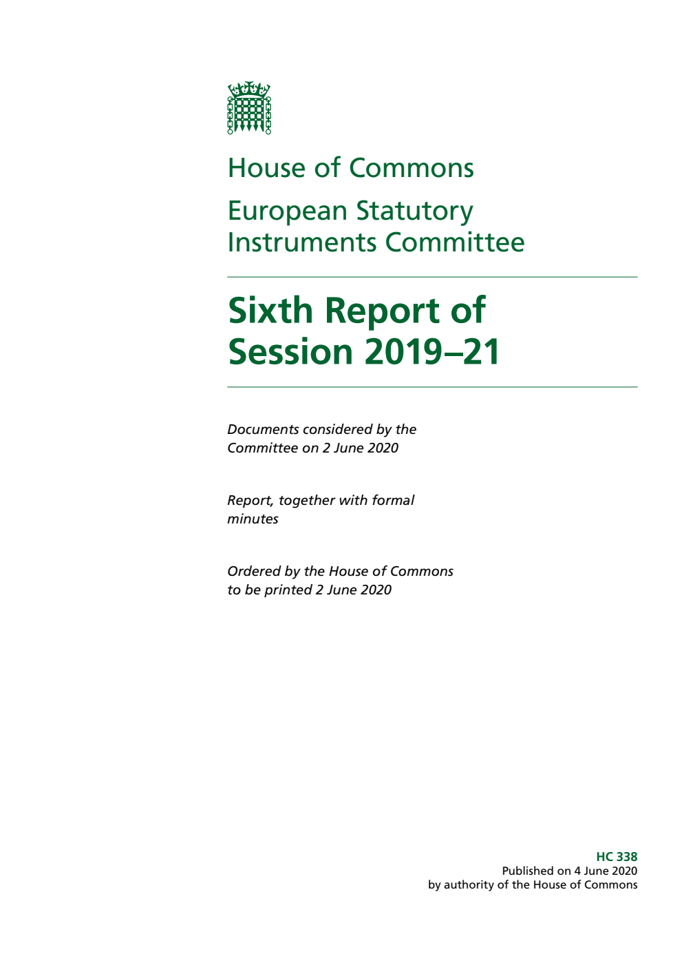 European Statutory Instruments Committee 6th Report of Session 2019-2021