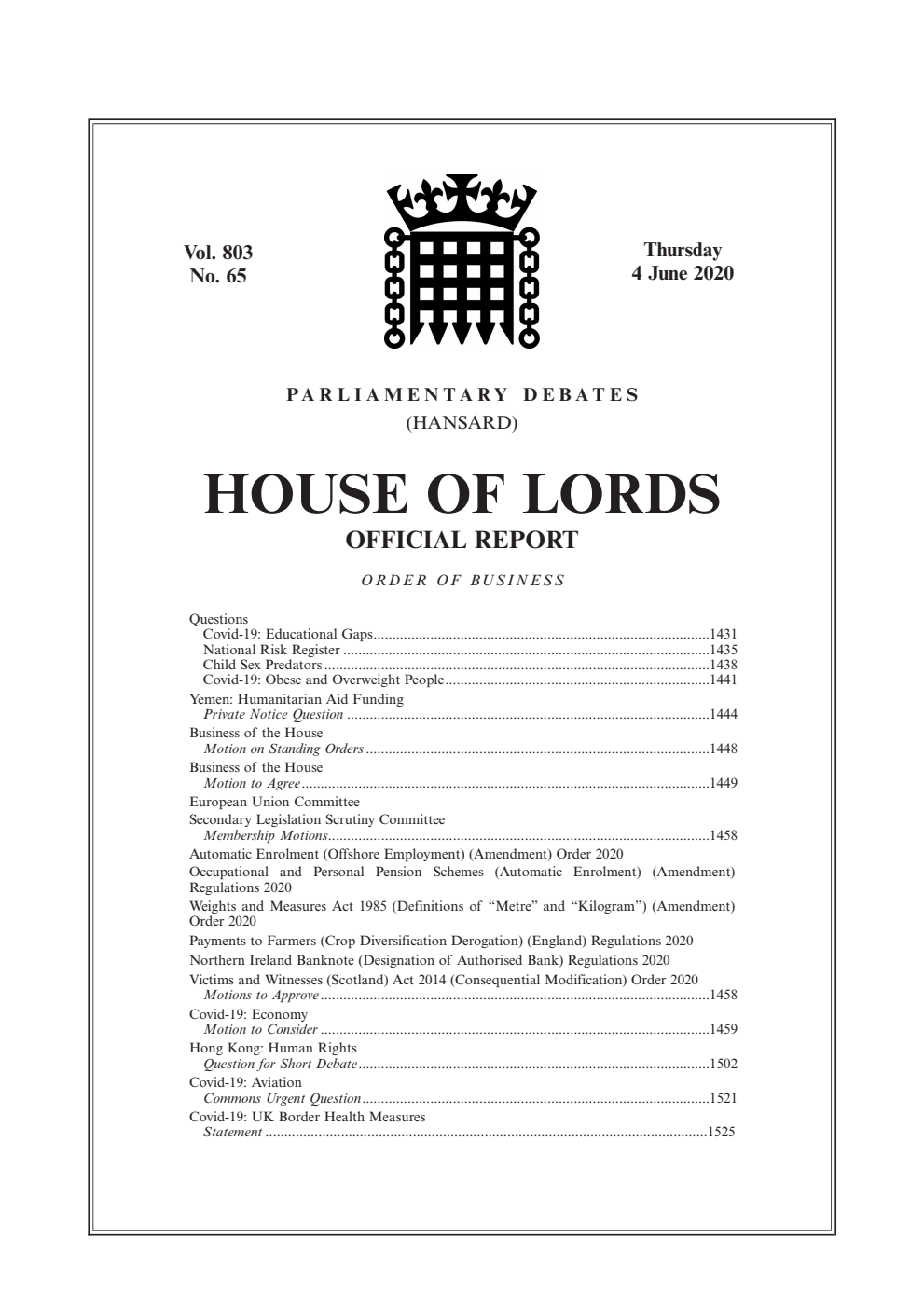 HOL Daily Hansard Vol. 803, No. 65 04.06.20