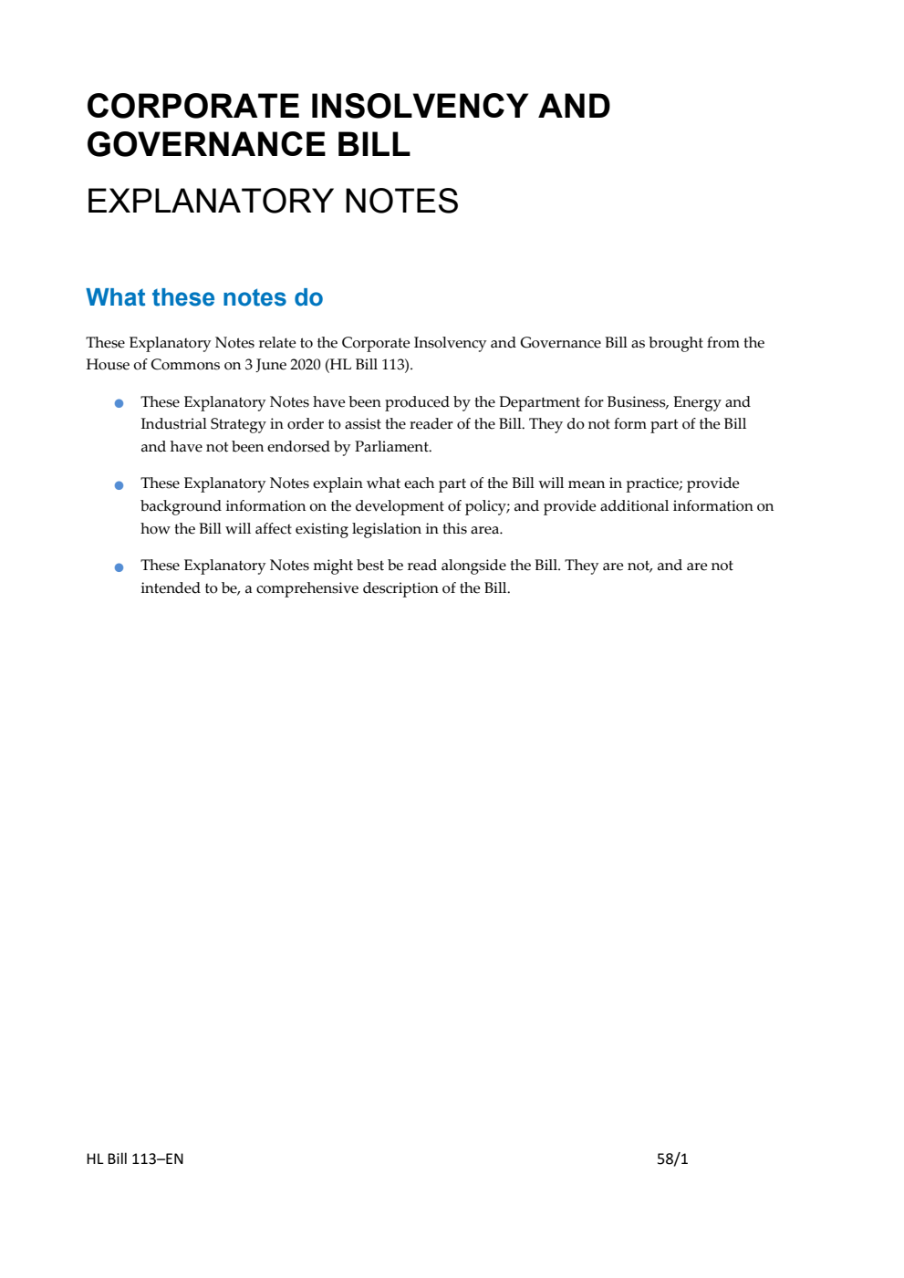 Corporate Insolvency and Governance Bill Explanatory Notes