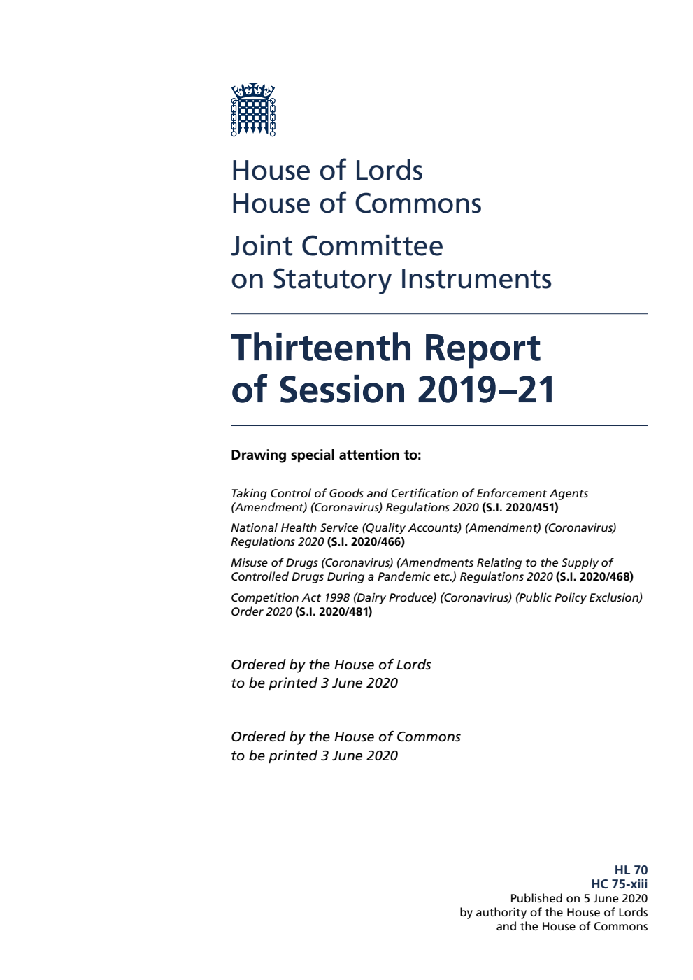 Joint Committee on Statutory Instruments 13th Report of Session 2019-21