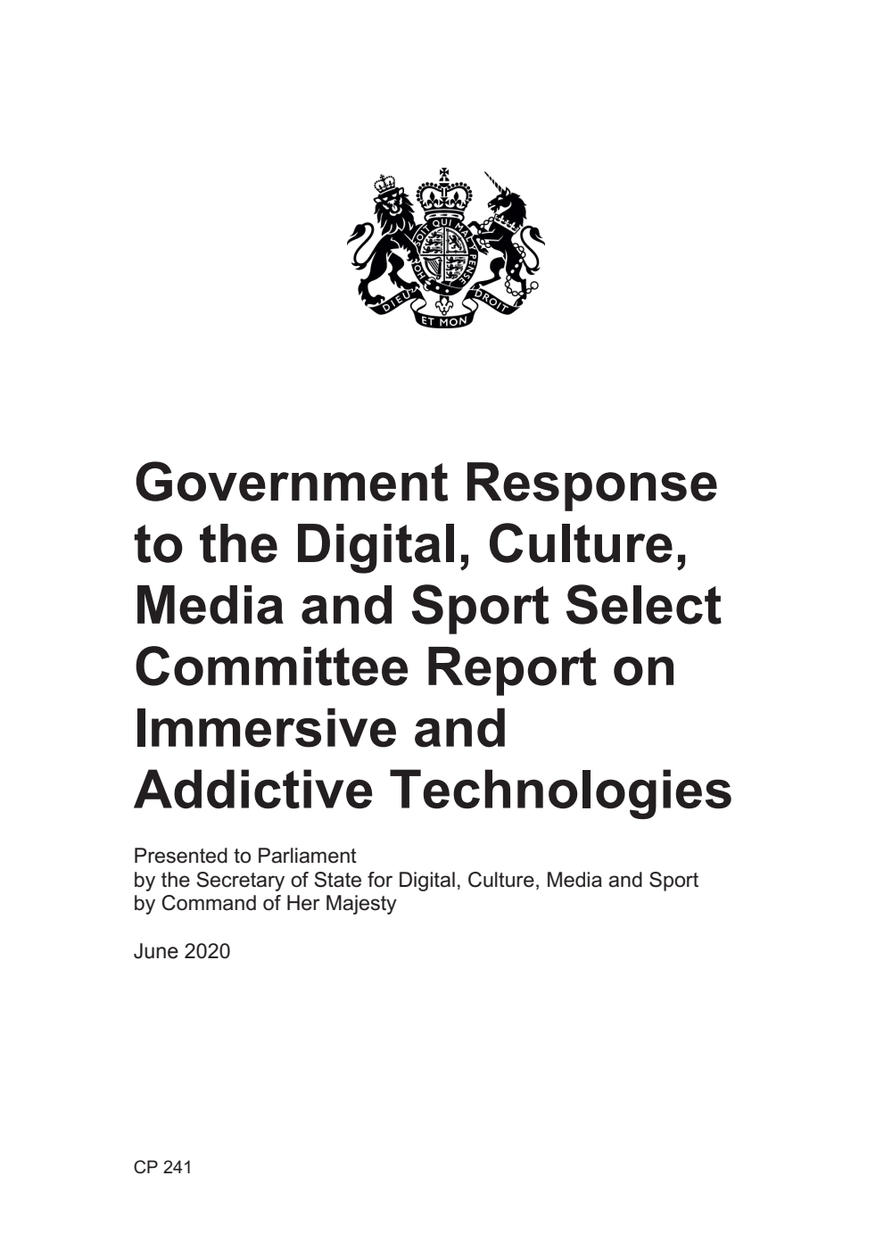 Government Response to the Digital, Culture, Media and Sport Select Committee Report on Immersive and Addictive Technologies