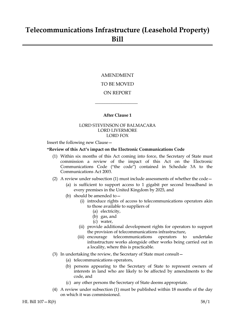 Telecommunications Infrastructure (Leasehold Property) Bill Amendment to be moved on report