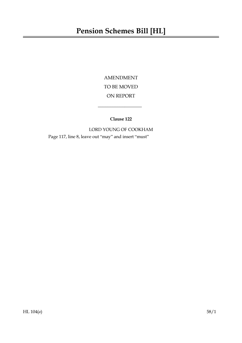 Pension Schemes Bill Amendment to be moved on Report