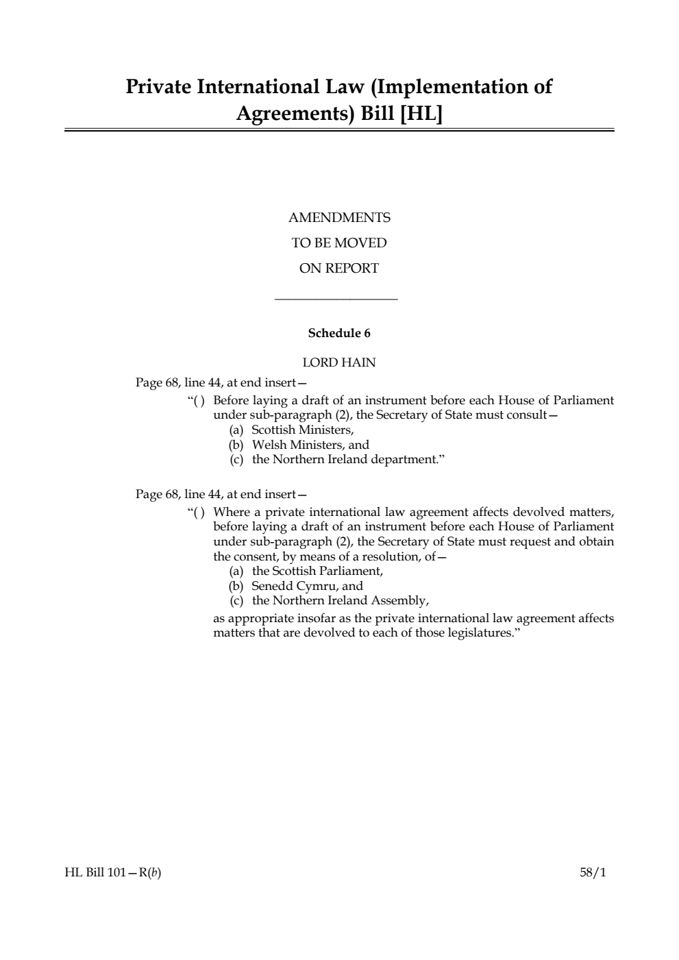 Private International Law (Implementation of Agreements) Bill Amendments to be moved on report