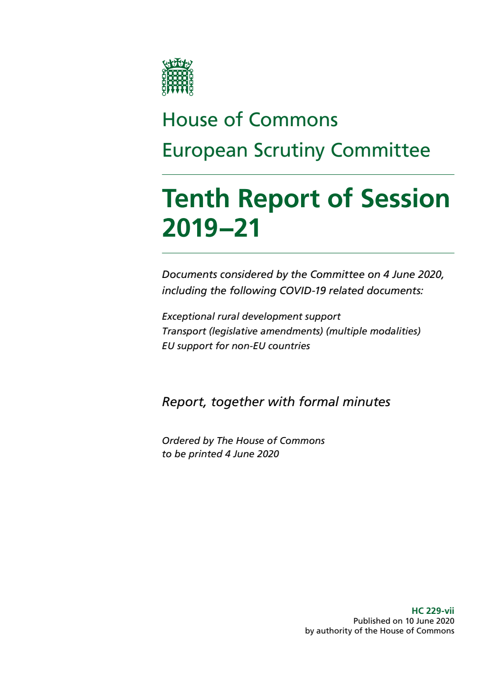 European Scrutiny Committee 10th Report of Session 2019-21
