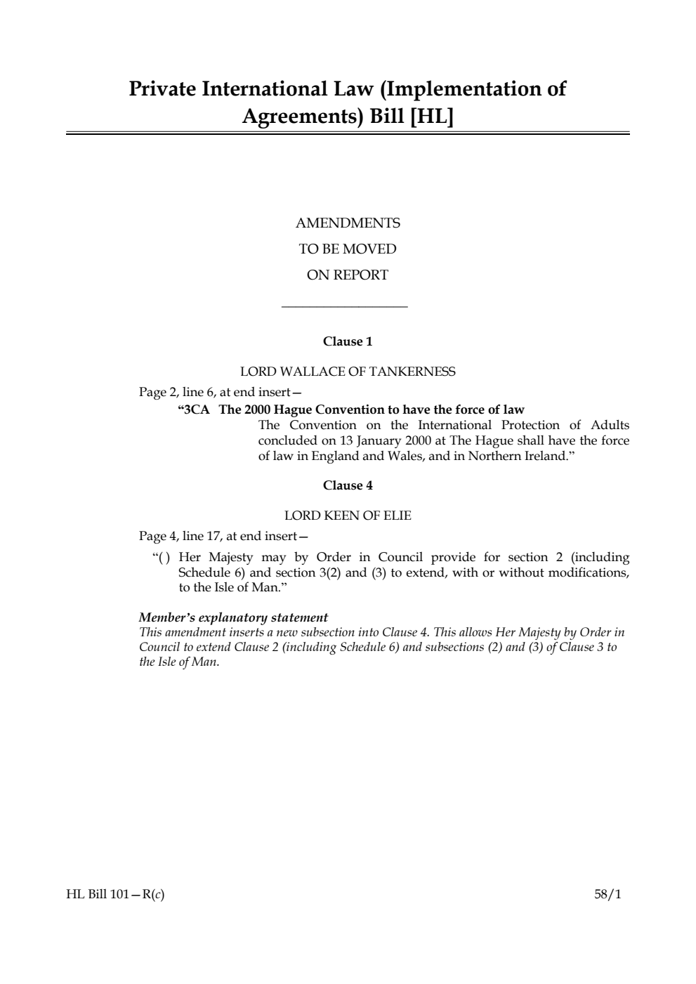 Private International Law (Implementation of Agreements) Bill Amendments to be moved on report