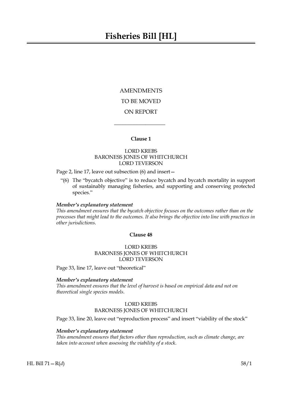 Fisheries Bill Amendments to be moved on report