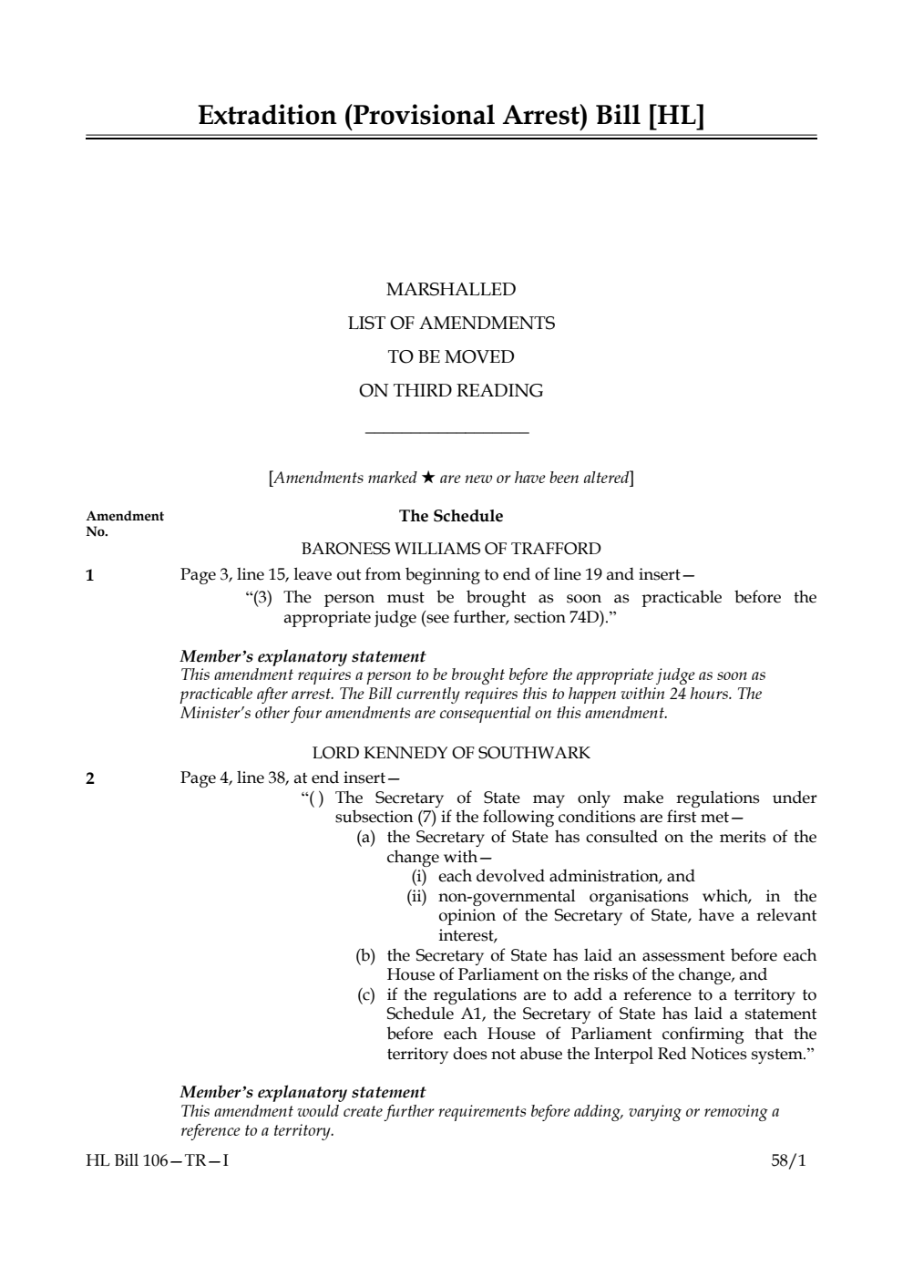 Extradition (Provisional Arrest) Bill Marshalled List of amendments to be moved on third reading