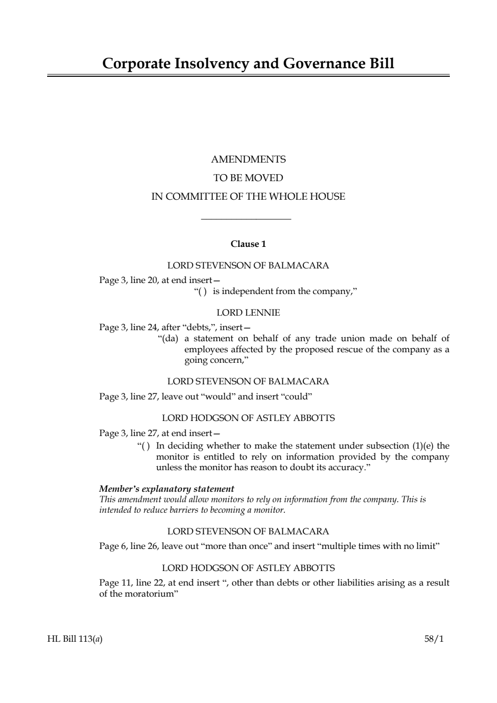 Corporate Insolvency and Governance Bill Amendments to be moved in Committee of the Whole House