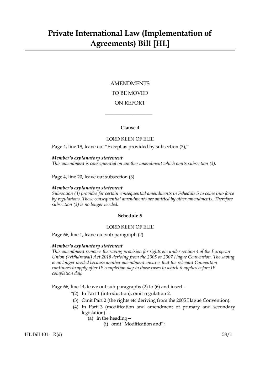 Private International Law (Implementation of Agreements) Bill Amendments to be moved on report