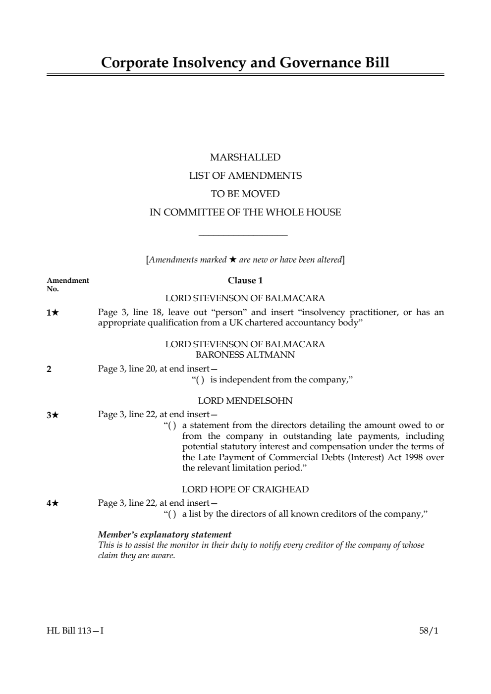 Corporate Insolvency and Governance Bill Marshalled List of Amendments to be moved in Committee of the Whole House