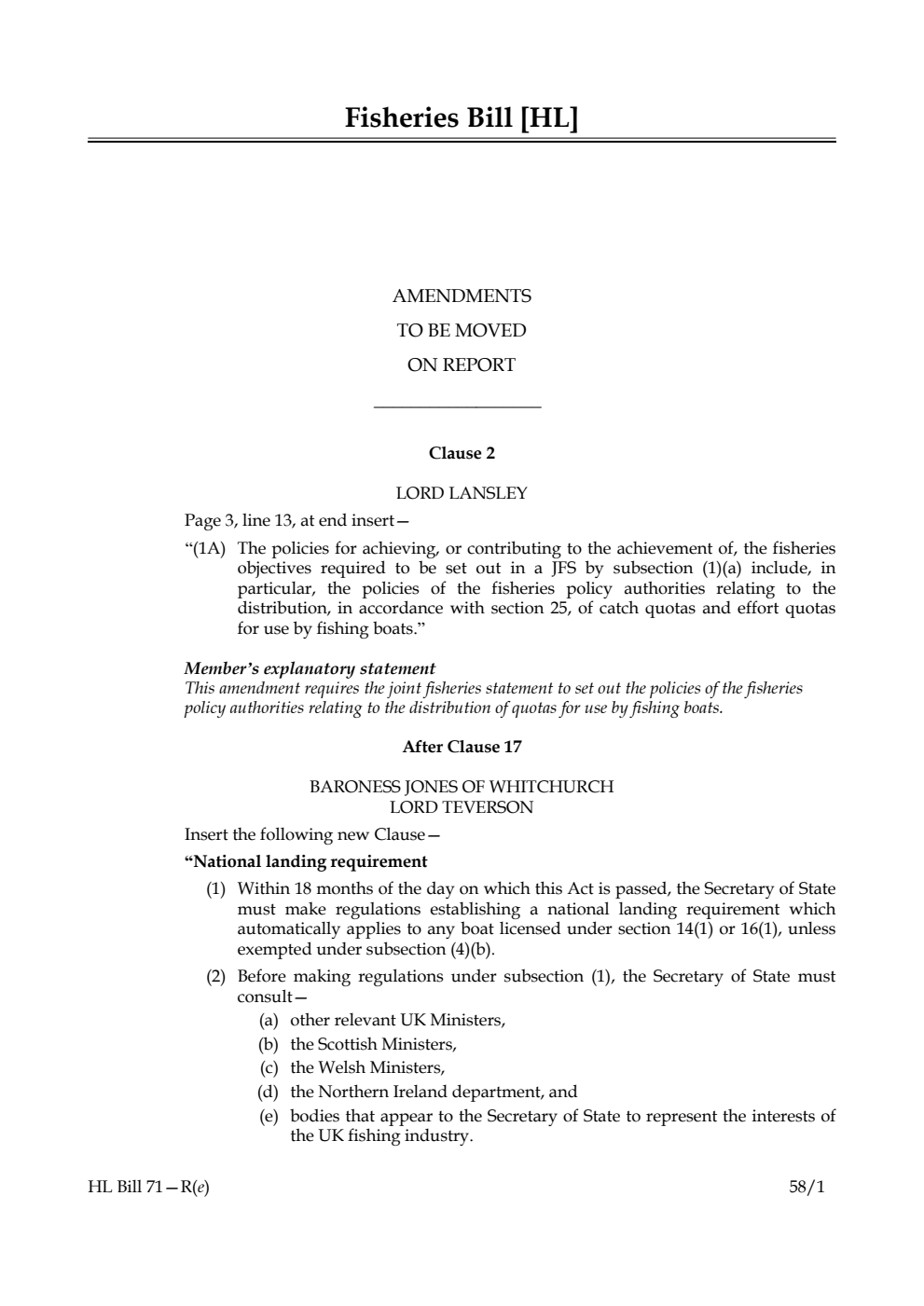 Fisheries Bill Amendments to be moved on report