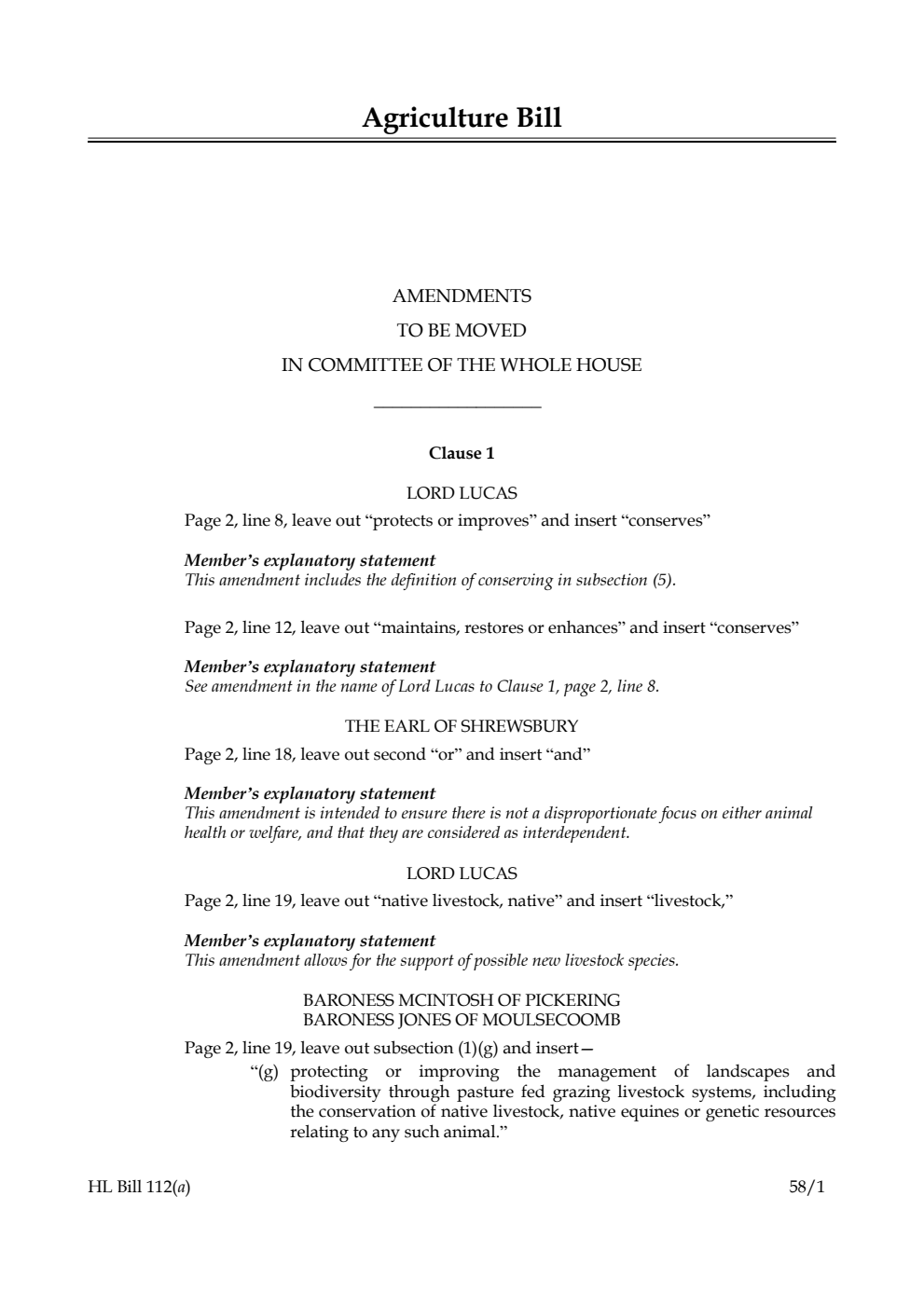 Agriculture Bill Amendments to be moved in Committee of the Whole House