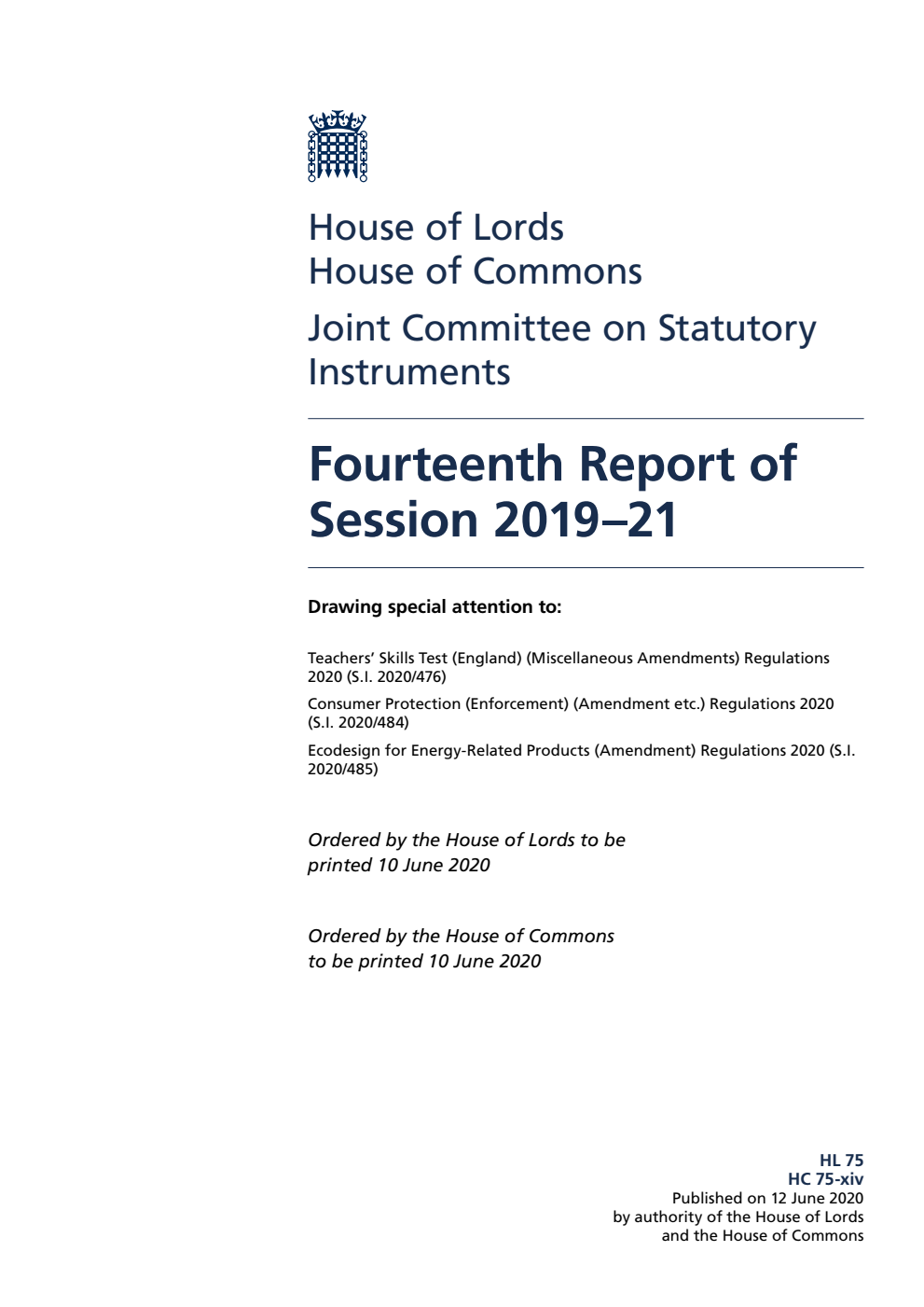 Joint Committee on Statutory Instruments 14th Report of Session 2019-21