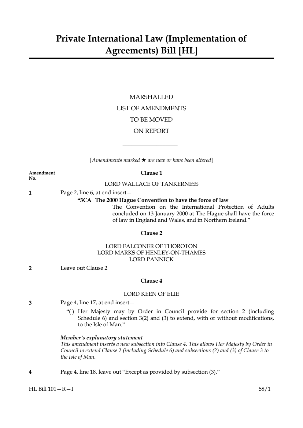 Private International Law (Implementation of Agreements) Bill Marshalled List of amendments to be moved on report