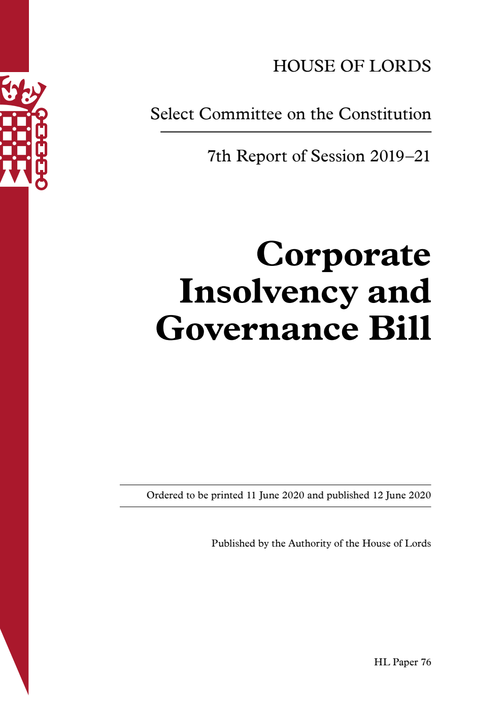Constitution Committee 7th Report. Corporate Insolvency and Governance Bill
