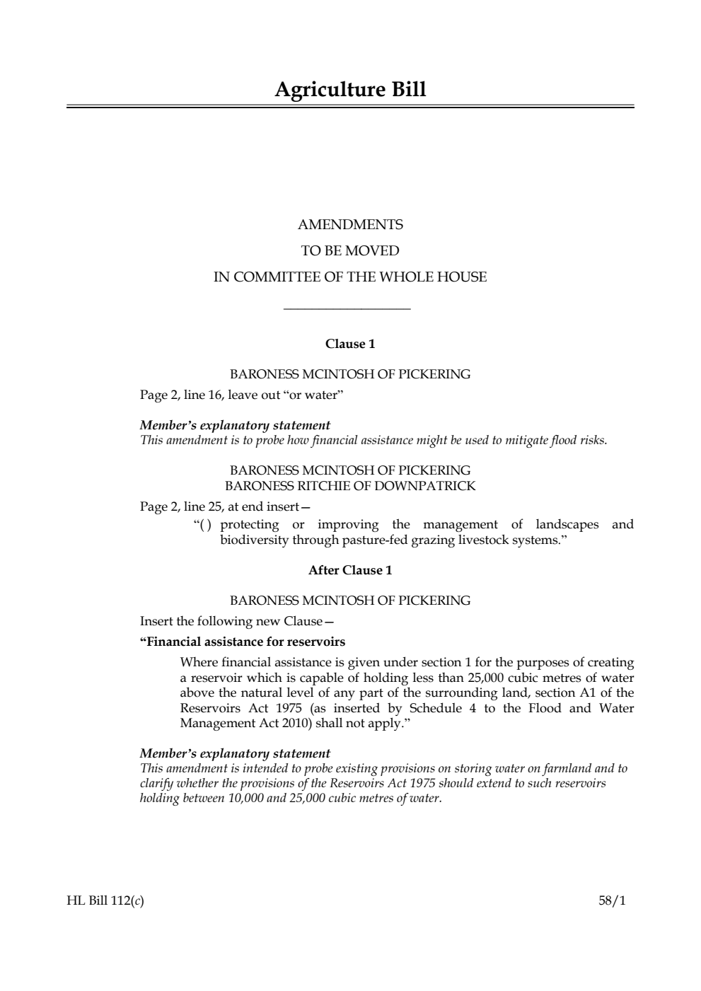 Agriculture Bill Amendments to be moved in Committee of the Whole House