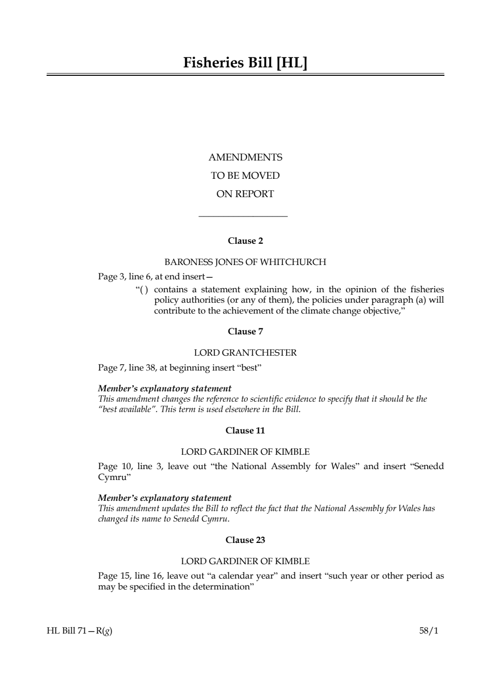 Fisheries Bill Amendments to be moved on report