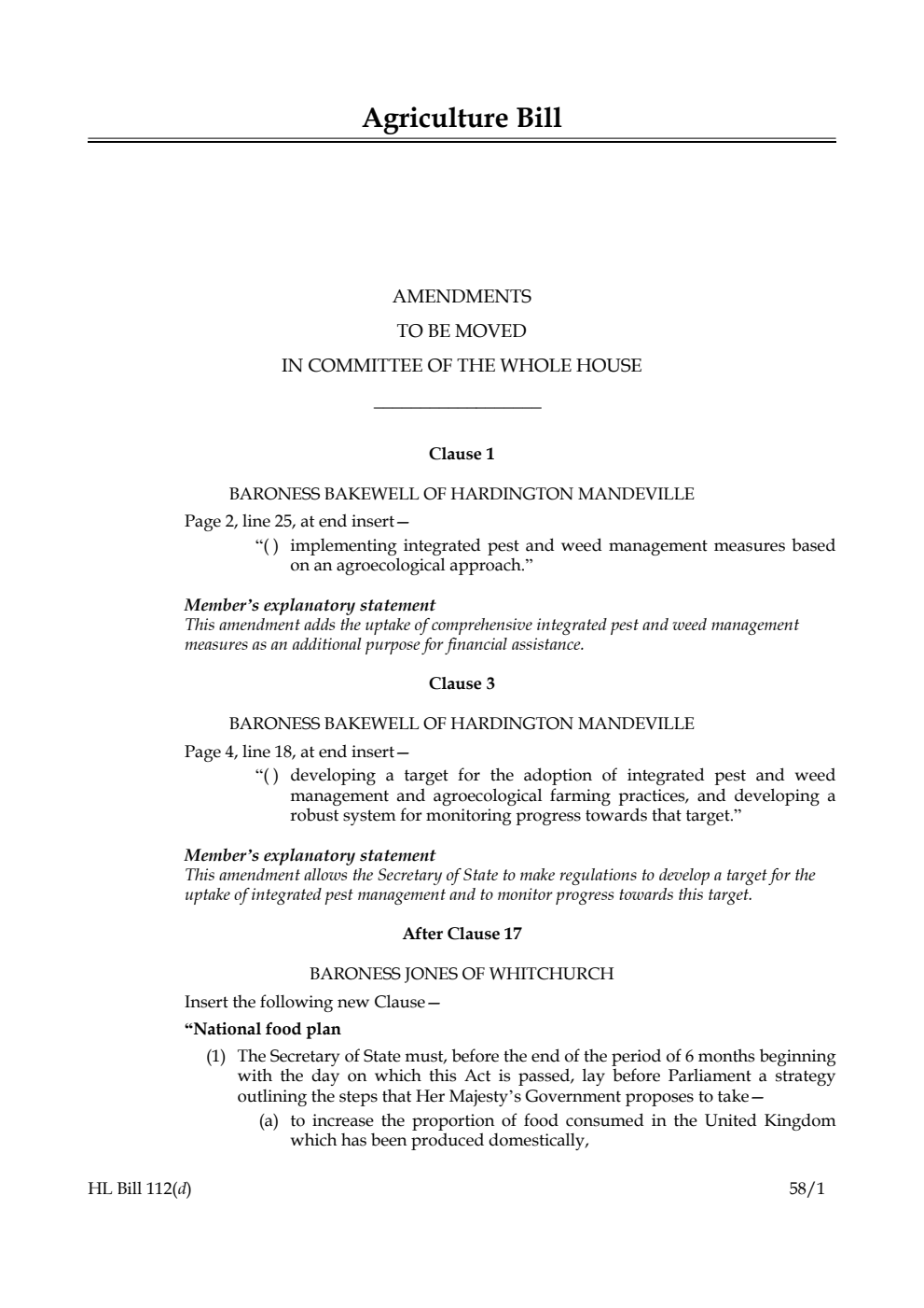 Agriculture Bill Amendments to be moved in Committee of the Whole House