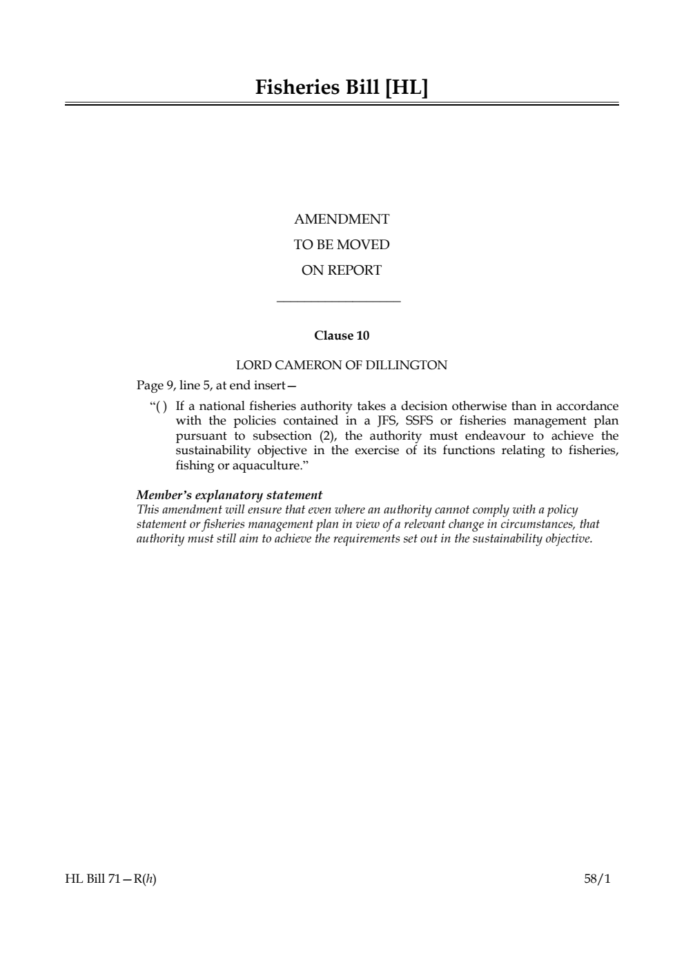 Fisheries Bill Amendment to be moved on report